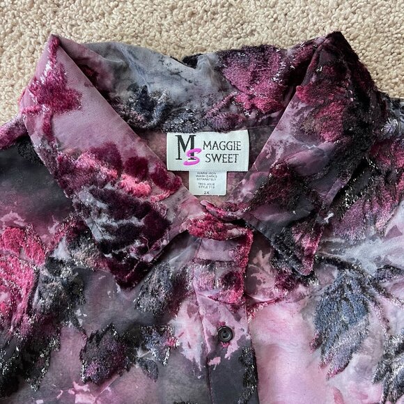 Vintage Maggie Sweet Whimsigoth Velvet Burnout Sheer ButtonUp Fairy Shiny Top 2X - Picture 4 of 13
